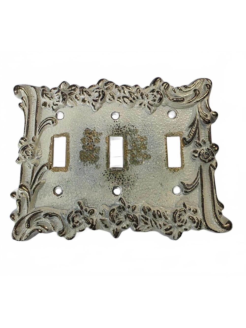 1967 American Tack Triple Toggle Switch Plate Ornate Floral Metal Cover